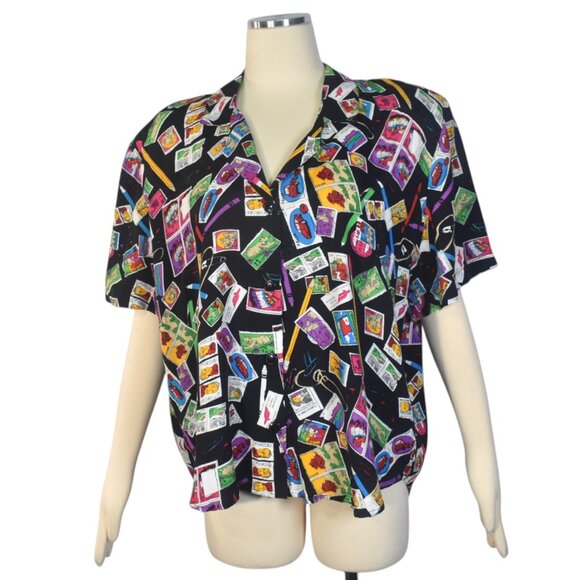 Vintage Early 90s Rayon Postage Stamp Print Blouse Shirt Novelty Print L - Picture 1 of 8